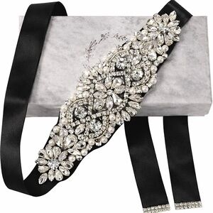 Crystal & Pearl Bridal Sash Belt – Black Ribbon Tie | New in Box